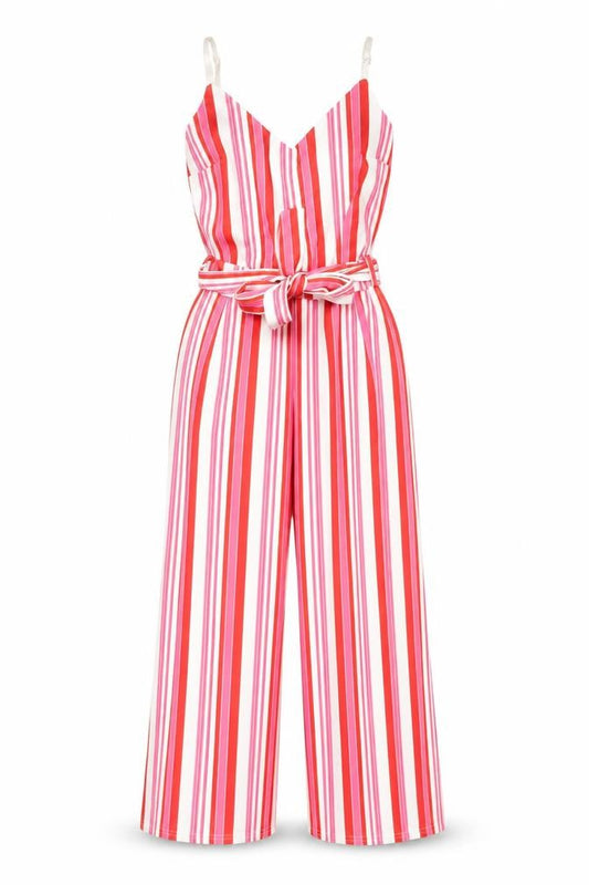 Front view of Quiz Women’s Multicoloured Striped Jumpsuit, size UK 6, Wide-Leg V-Neck