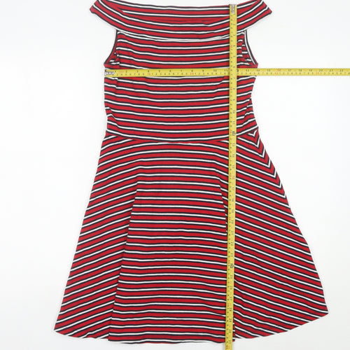 Superdry Women Red Striped A-Line Off Shoulder Dress Size M