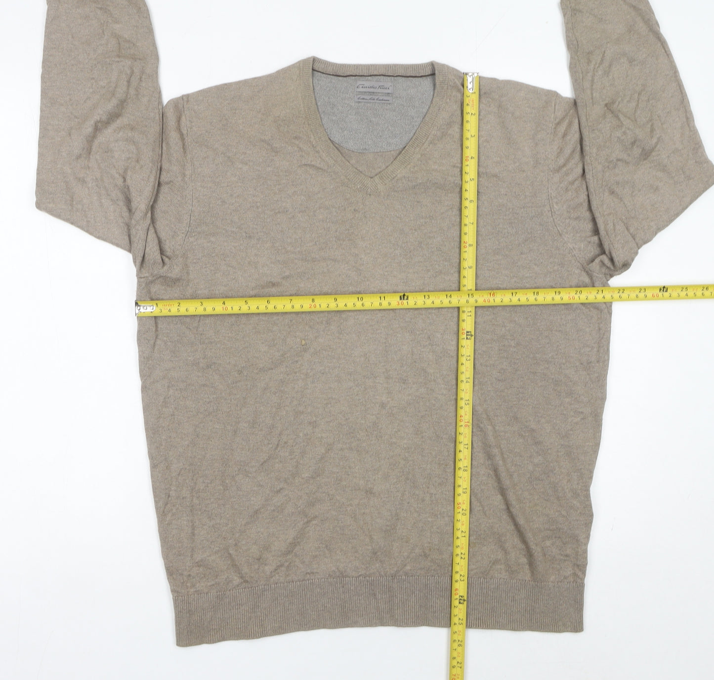 Emidio Tucci Men's Beige V-Neck Cotton Silk Cashmere Jumper L