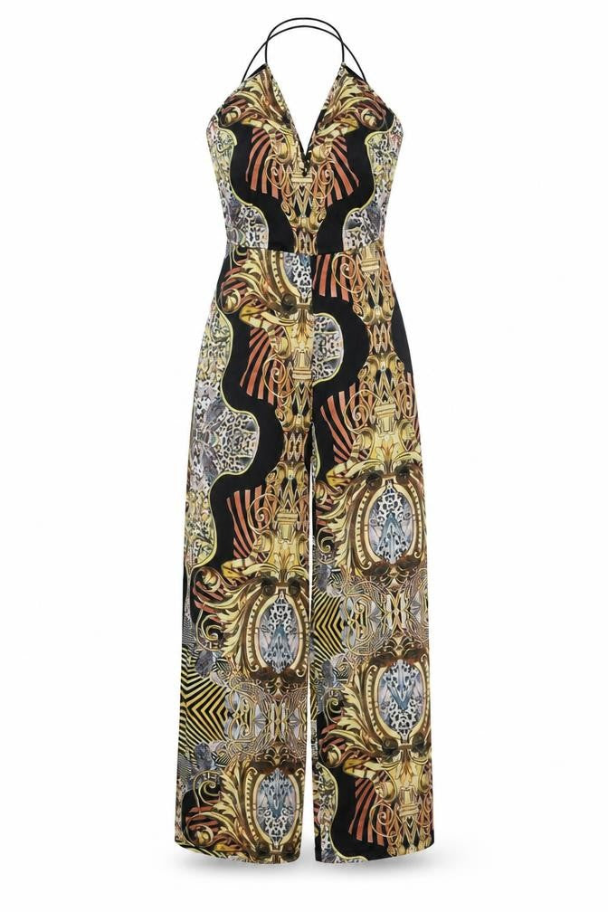 Front view of PRETTYLITTLETHING women’s multicoloured halter jumpsuit, size UK 6, wide-leg