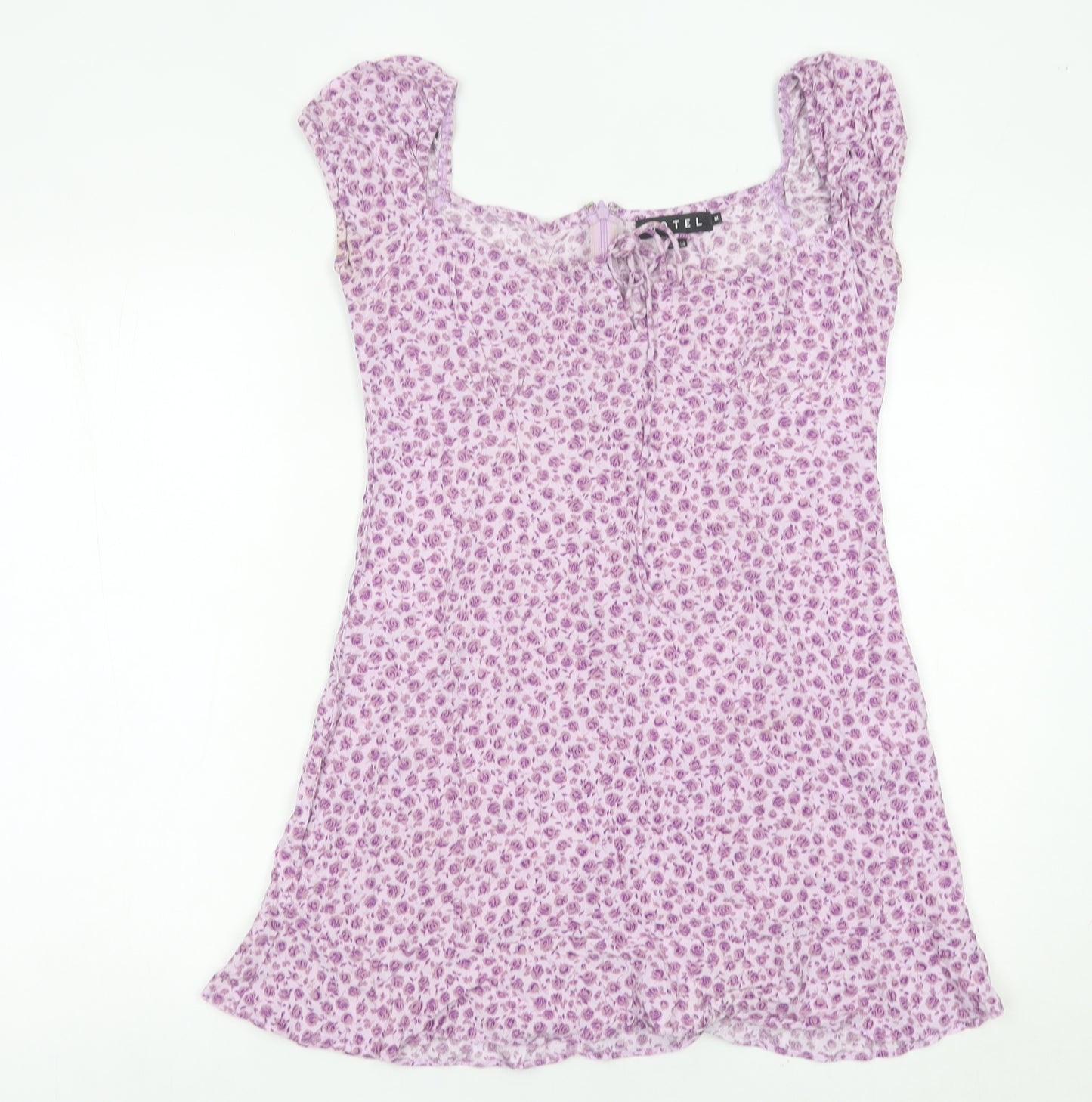 Motel Women’s Purple Floral Mini Dress Size M Short Sleeve Scoop Neck