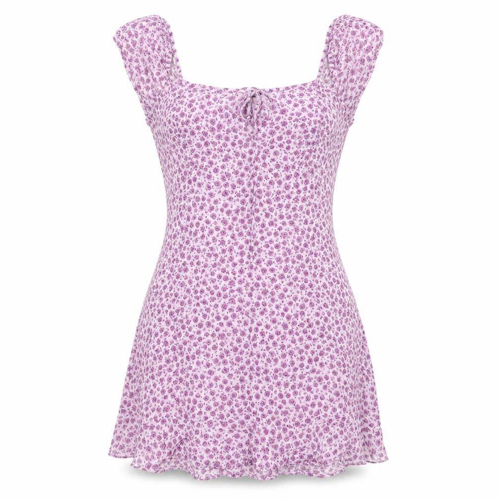 Motel Women’s Purple Floral Mini Dress Size M Short Sleeve Scoop Neck