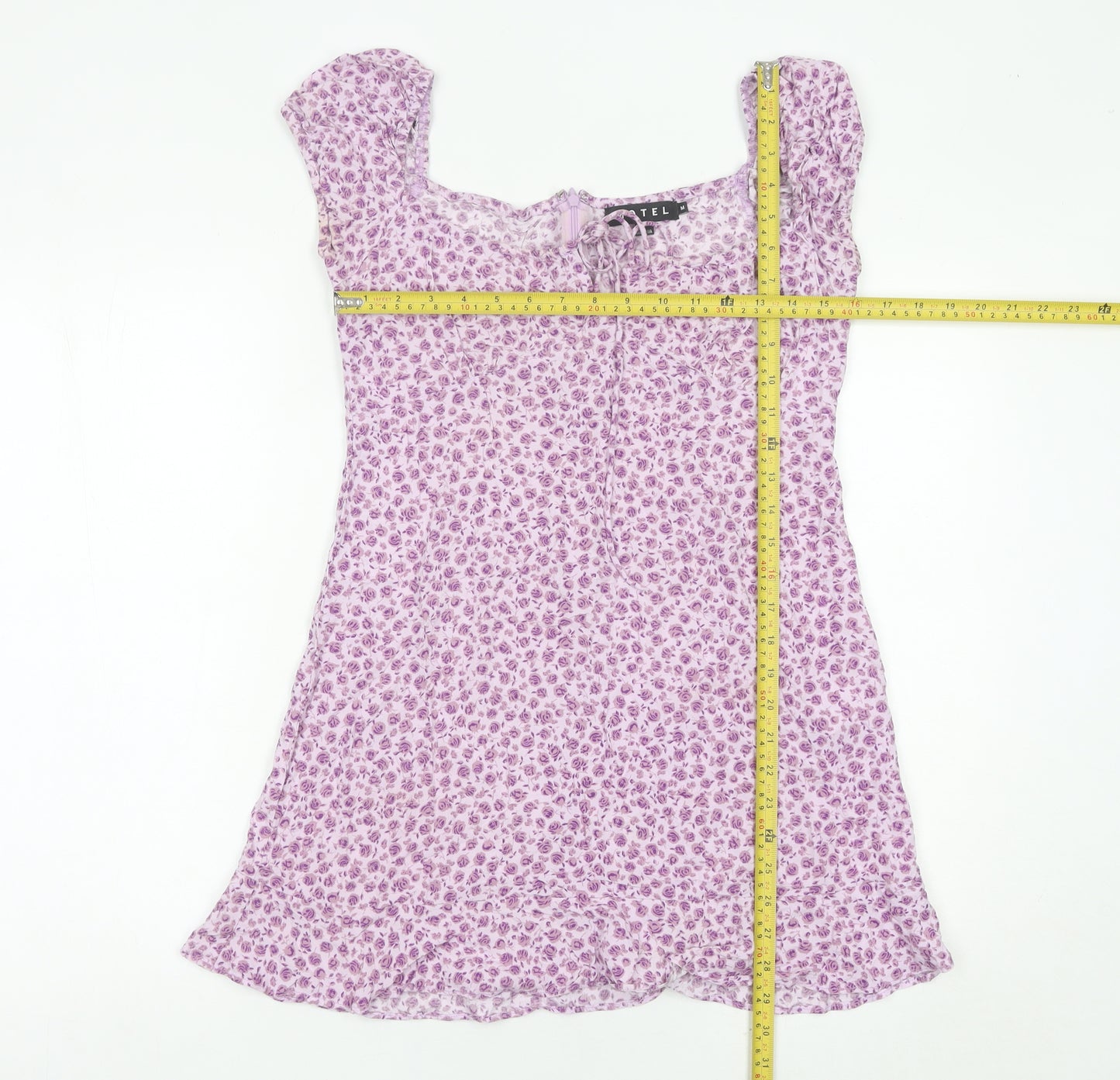 Motel Women’s Purple Floral Mini Dress Size M Short Sleeve Scoop Neck