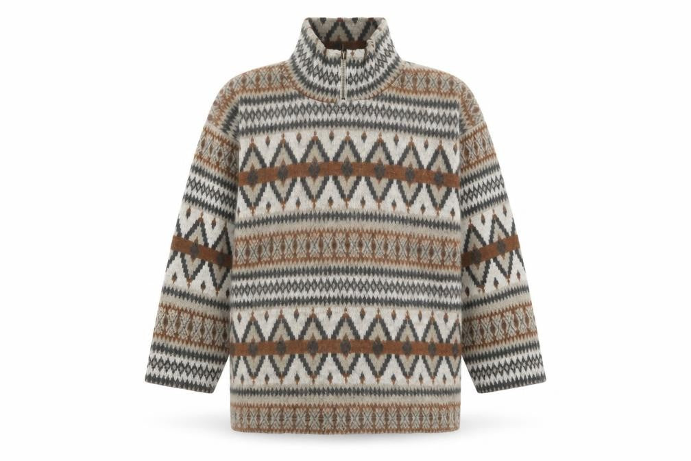 Front view of Instyle women’s brown grey fair isle 1/4 zip wool blend sweatshirt one size