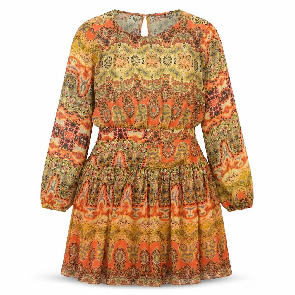 Front view of Mango women’s multicoloured paisley short dress, size UK 12, boho chiffon