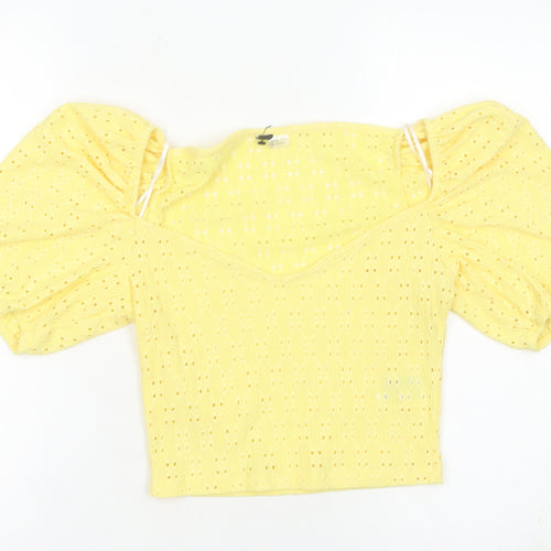 H&M Divided Women Yellow Cropped Puff Sleeve Blouse UK 14