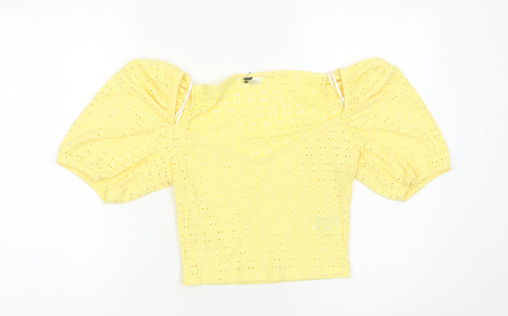 H&M Divided Women Yellow Cropped Puff Sleeve Blouse UK 14