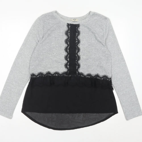 Inside Womens Grey Lace Accent Knit Pullover Jumper Size L