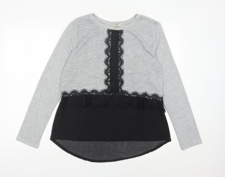 Inside Womens Grey Lace Accent Knit Pullover Jumper Size L