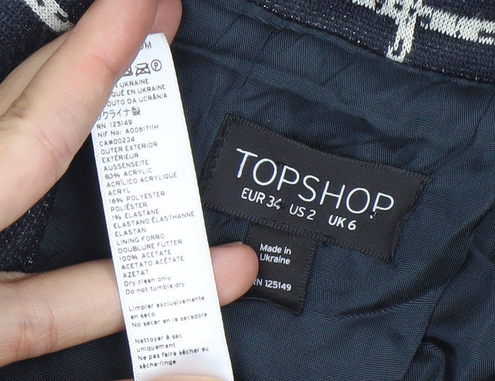Topshop Women Black Check Blazer Jacket Size 6 Regular Woven