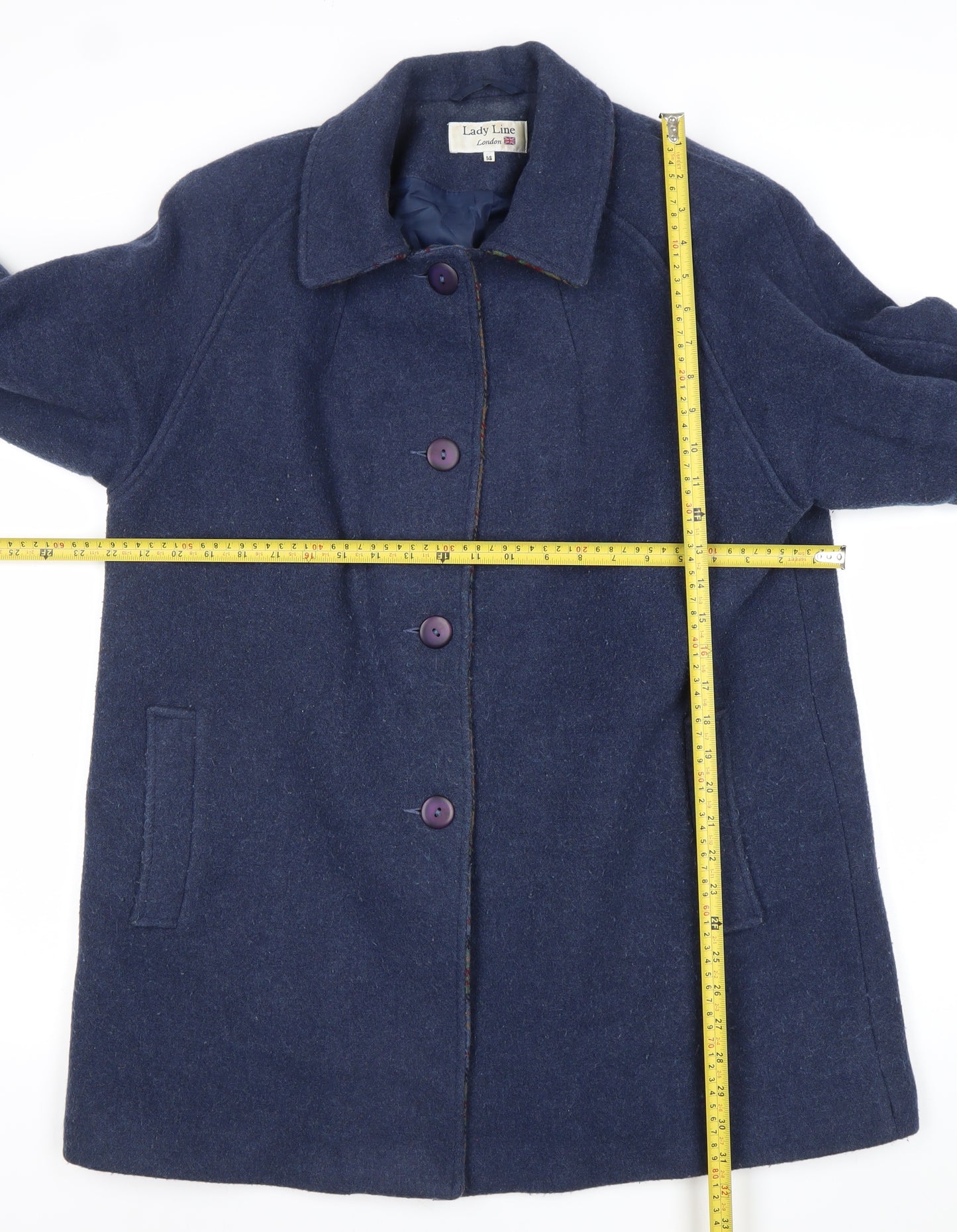 Lady Line London Women’s Blue Wool Blend Overcoat Size 14