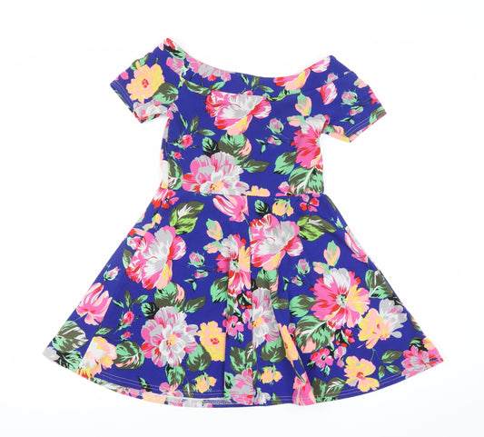 New Look Girls Blue Floral Skater Dress 12-13 Years Off Shoulder Party