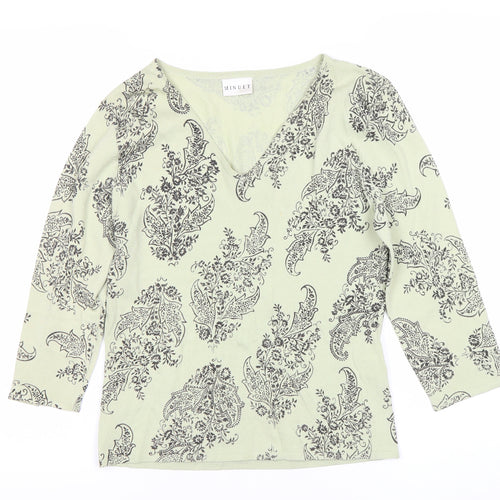 Minuet Womens Green Paisley Knit V-Neck 3/4 Sleeve Blouse UK 12