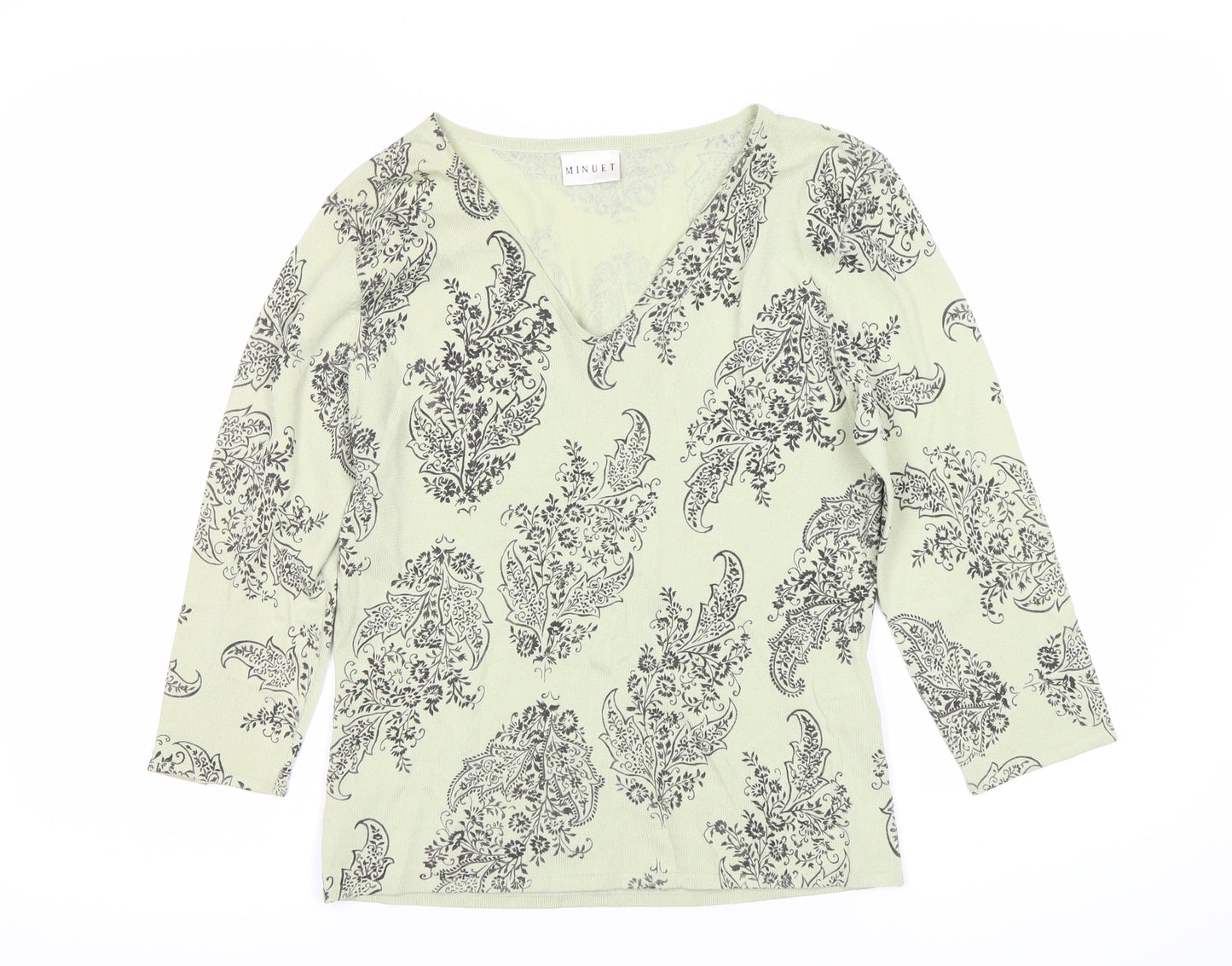 Minuet Womens Green Paisley Knit V-Neck 3/4 Sleeve Blouse UK 12