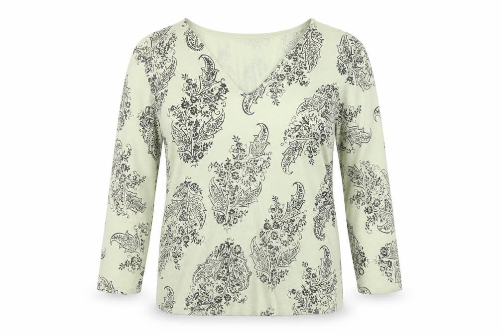 Minuet Womens Green Paisley Knit V-Neck 3/4 Sleeve Blouse UK 12