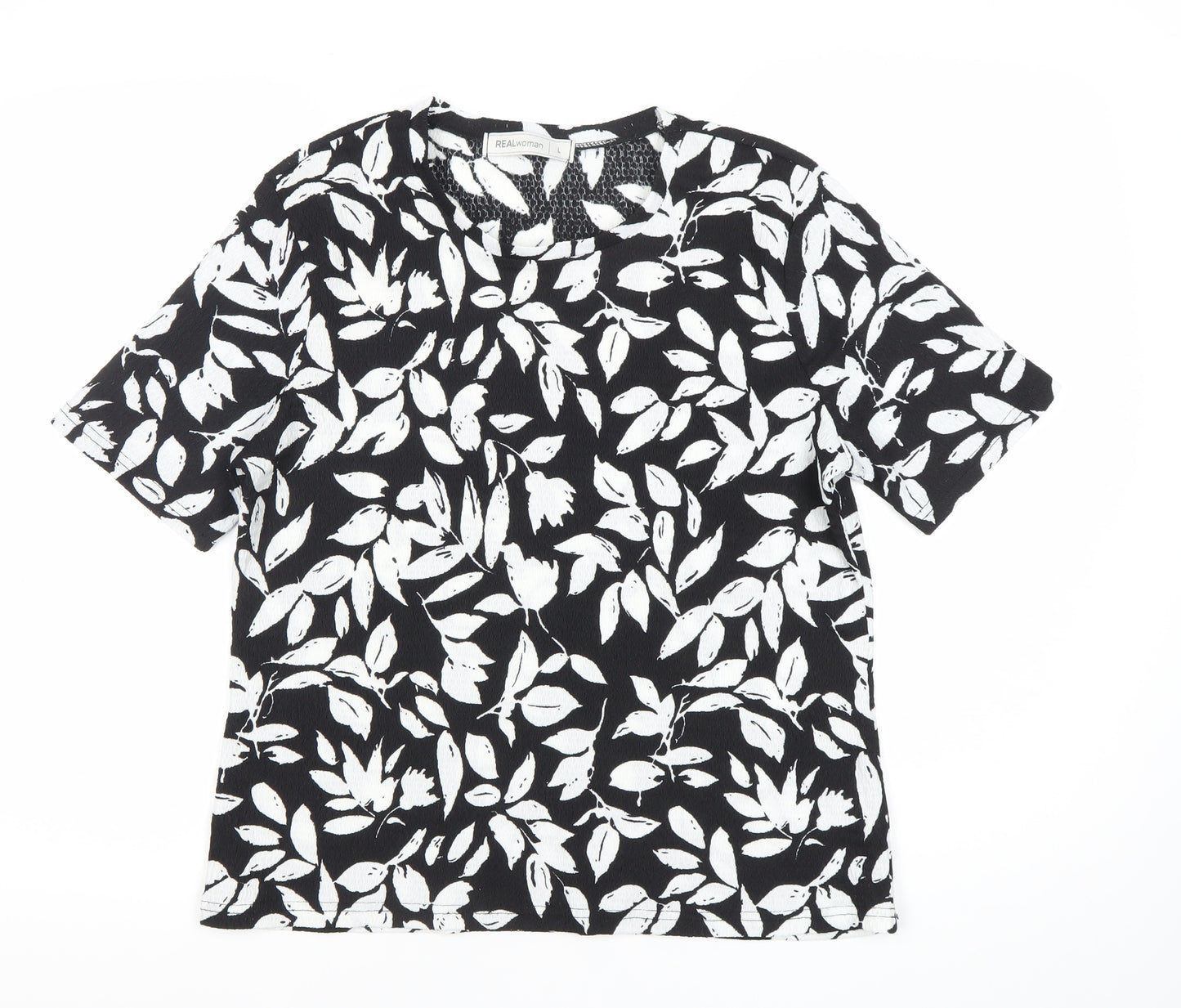 REALwoman Womens Black Floral Short Sleeve T-Shirt Size L