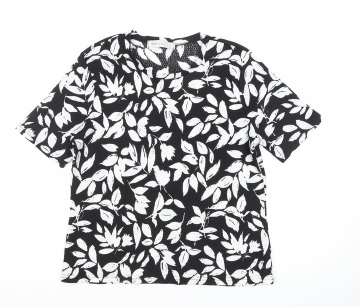 REALwoman Womens Black Floral Short Sleeve T-Shirt Size L