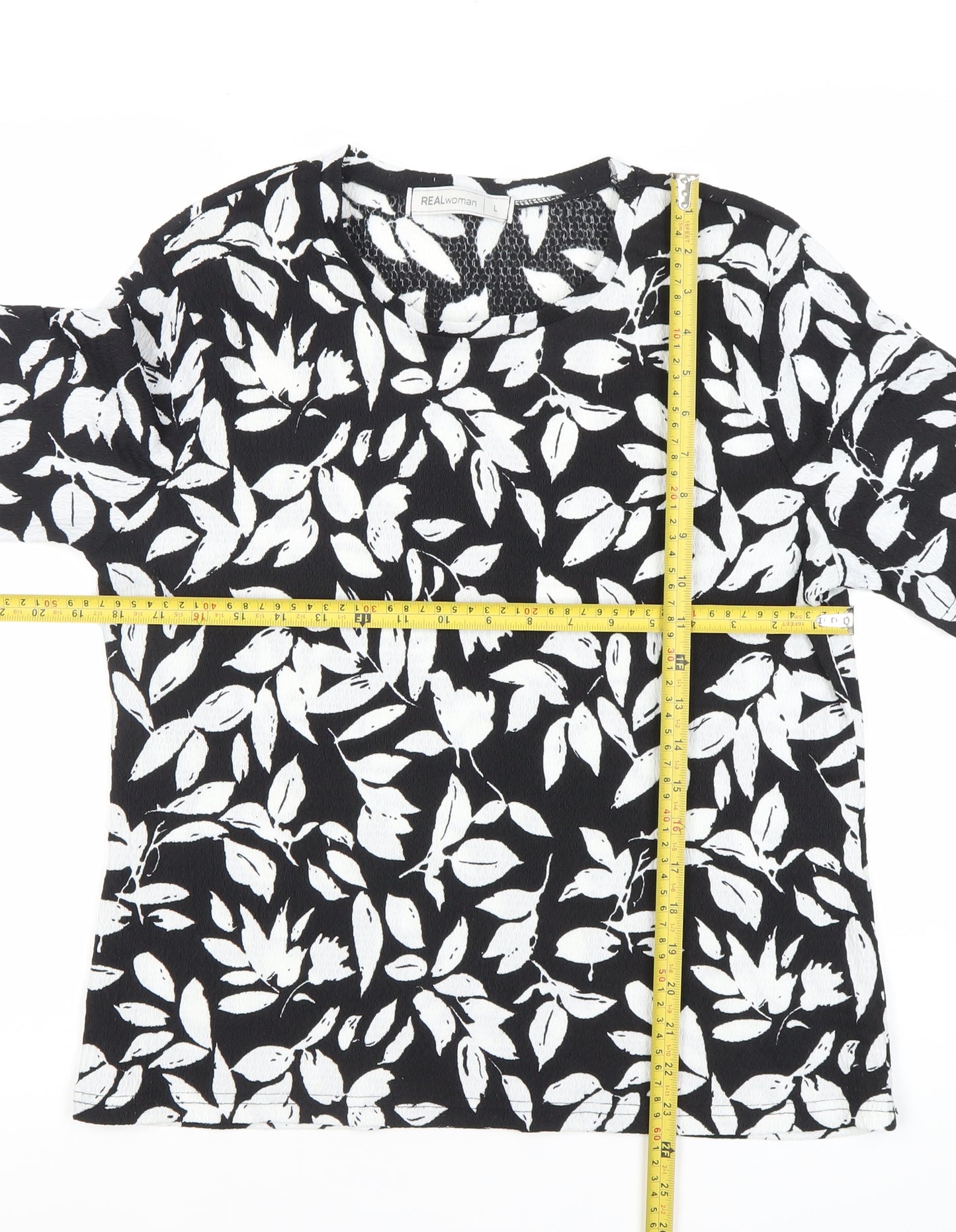 REALwoman Womens Black Floral Short Sleeve T-Shirt Size L