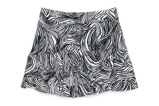 Front view of Topshop Women’s Black White Animal Print Flare Short Skirt, size UK 12