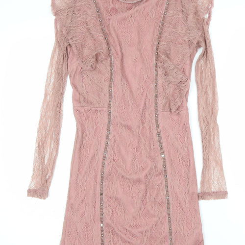 Topshop Women’s Pink Lace Bodycon Dress Size 8 Long Sleeve Party