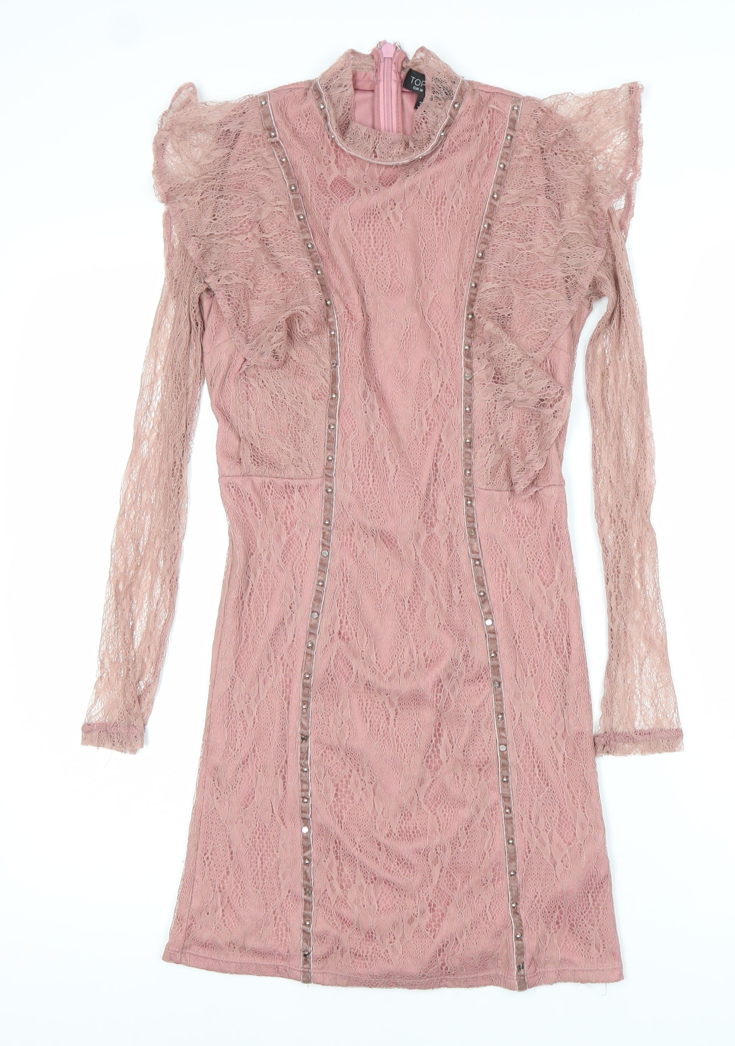 Topshop Women’s Pink Lace Bodycon Dress Size 8 Long Sleeve Party