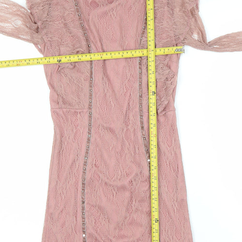 Topshop Women’s Pink Lace Bodycon Dress Size 8 Long Sleeve Party