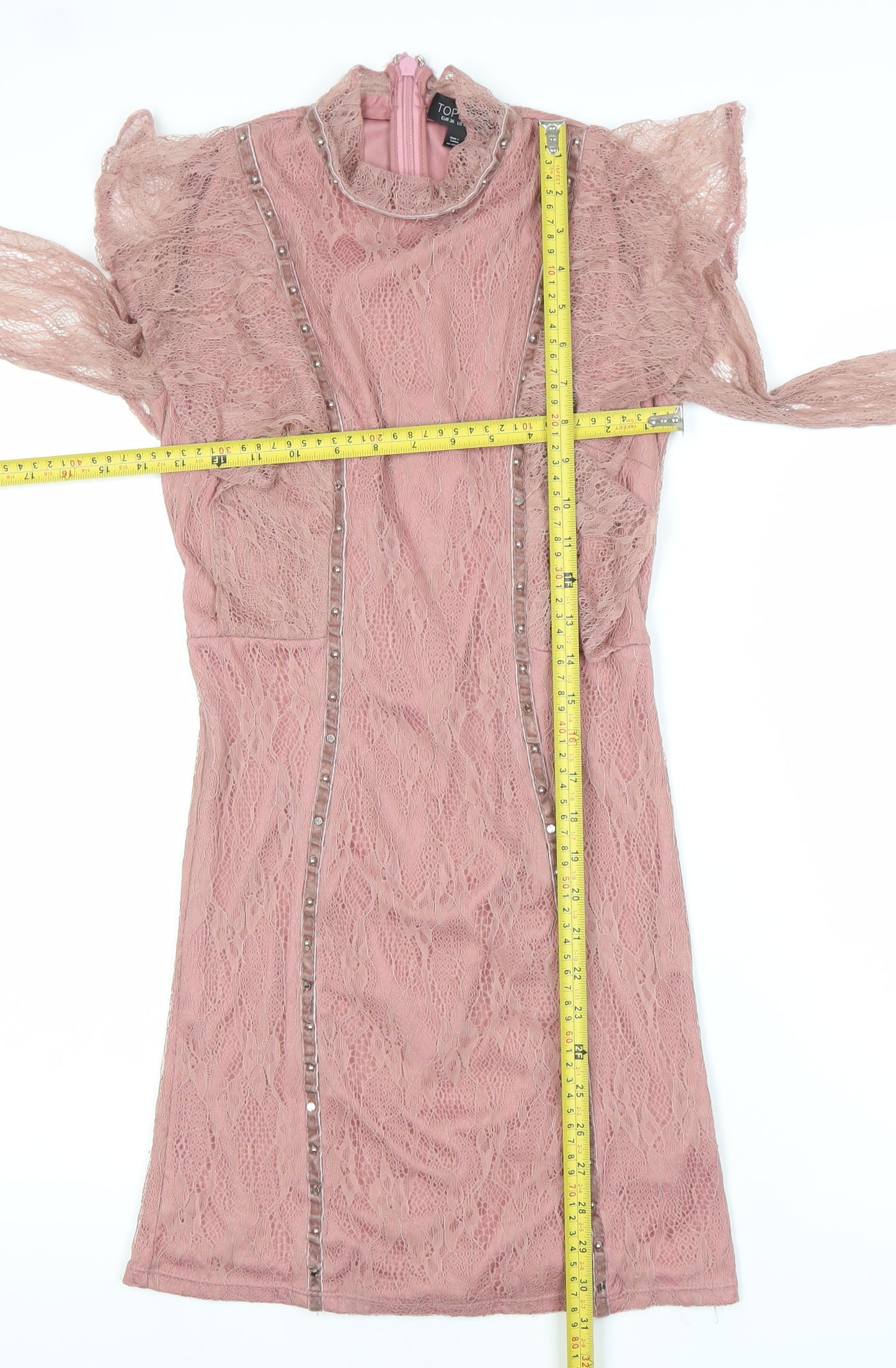 Topshop Women’s Pink Lace Bodycon Dress Size 8 Long Sleeve Party