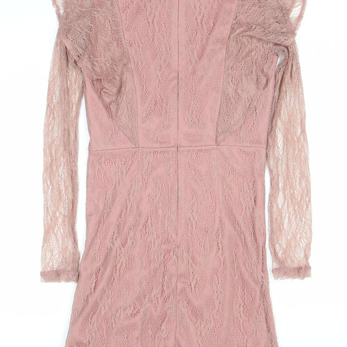 Topshop Women’s Pink Lace Bodycon Dress Size 8 Long Sleeve Party
