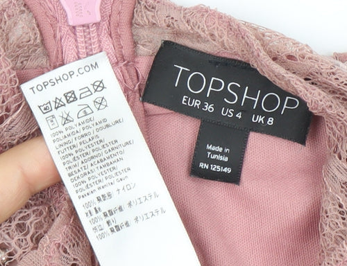 Topshop Women’s Pink Lace Bodycon Dress Size 8 Long Sleeve Party