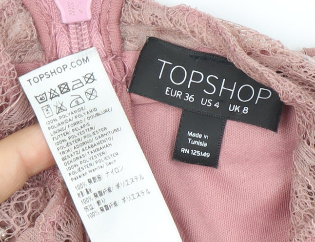 Topshop Women’s Pink Lace Bodycon Dress Size 8 Long Sleeve Party