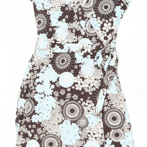 J Taylor Women’s Brown Blue Floral Wrap Dress Size 14 V-Neck