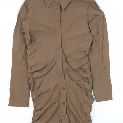 Zara Women Brown Shirt Dress Size 12 Collared Ruched Long Sleeve
