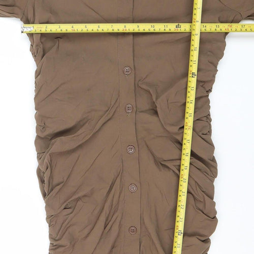 Zara Women Brown Shirt Dress Size 12 Collared Ruched Long Sleeve