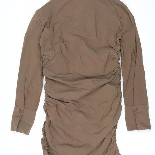 Zara Women Brown Shirt Dress Size 12 Collared Ruched Long Sleeve