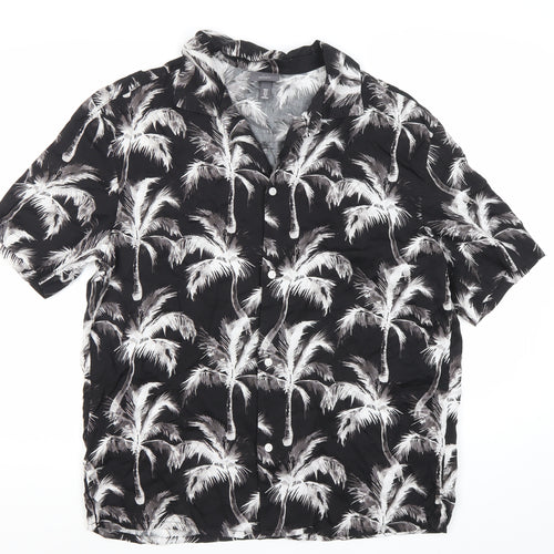 H&M Men’s Black Tropical Palm Print Short Sleeve Button-Up Shirt M