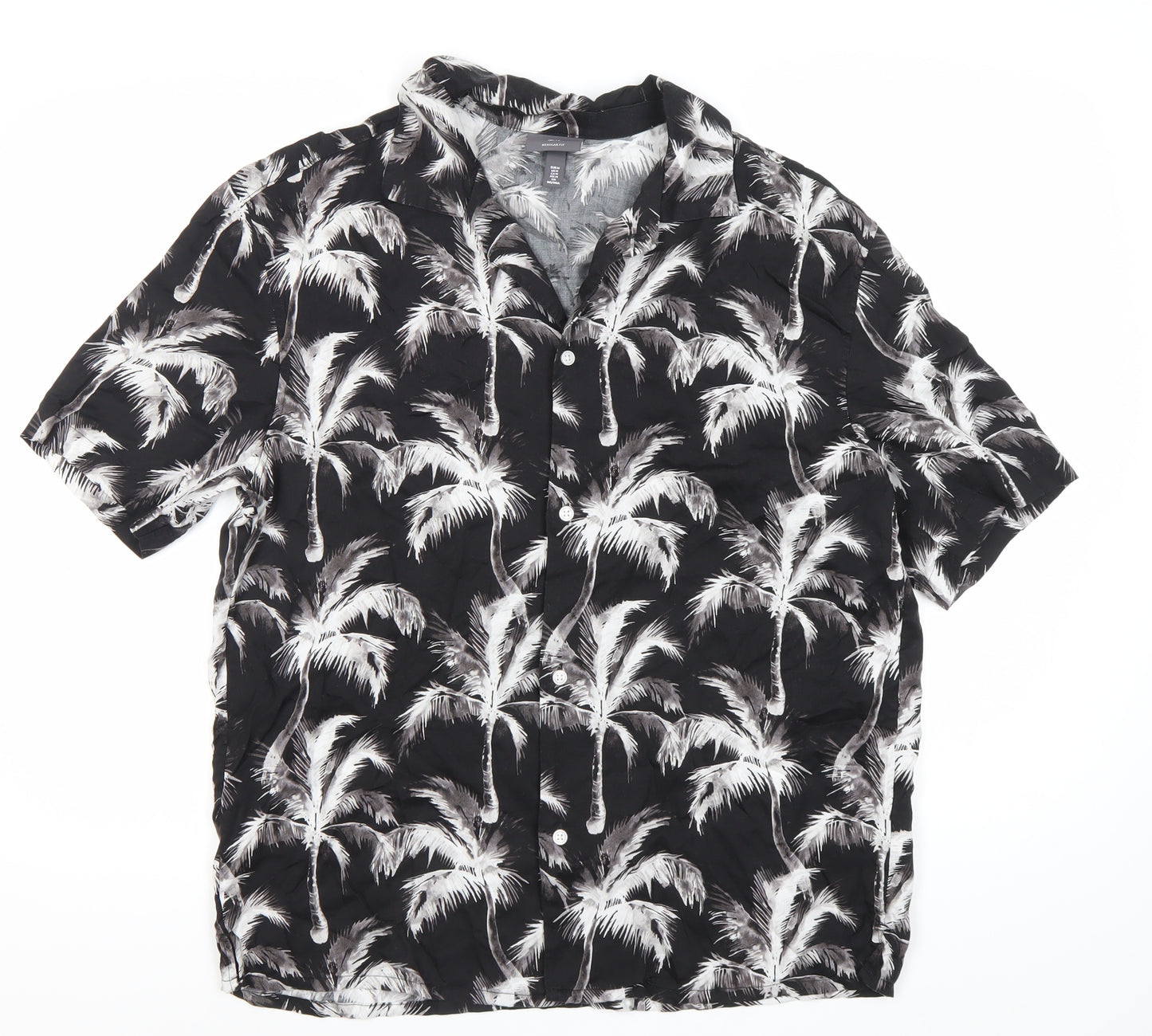H&M Men’s Black Tropical Palm Print Short Sleeve Button-Up Shirt M