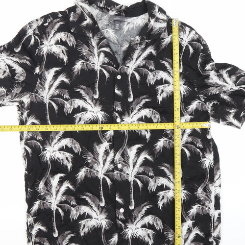H&M Men’s Black Tropical Palm Print Short Sleeve Button-Up Shirt M