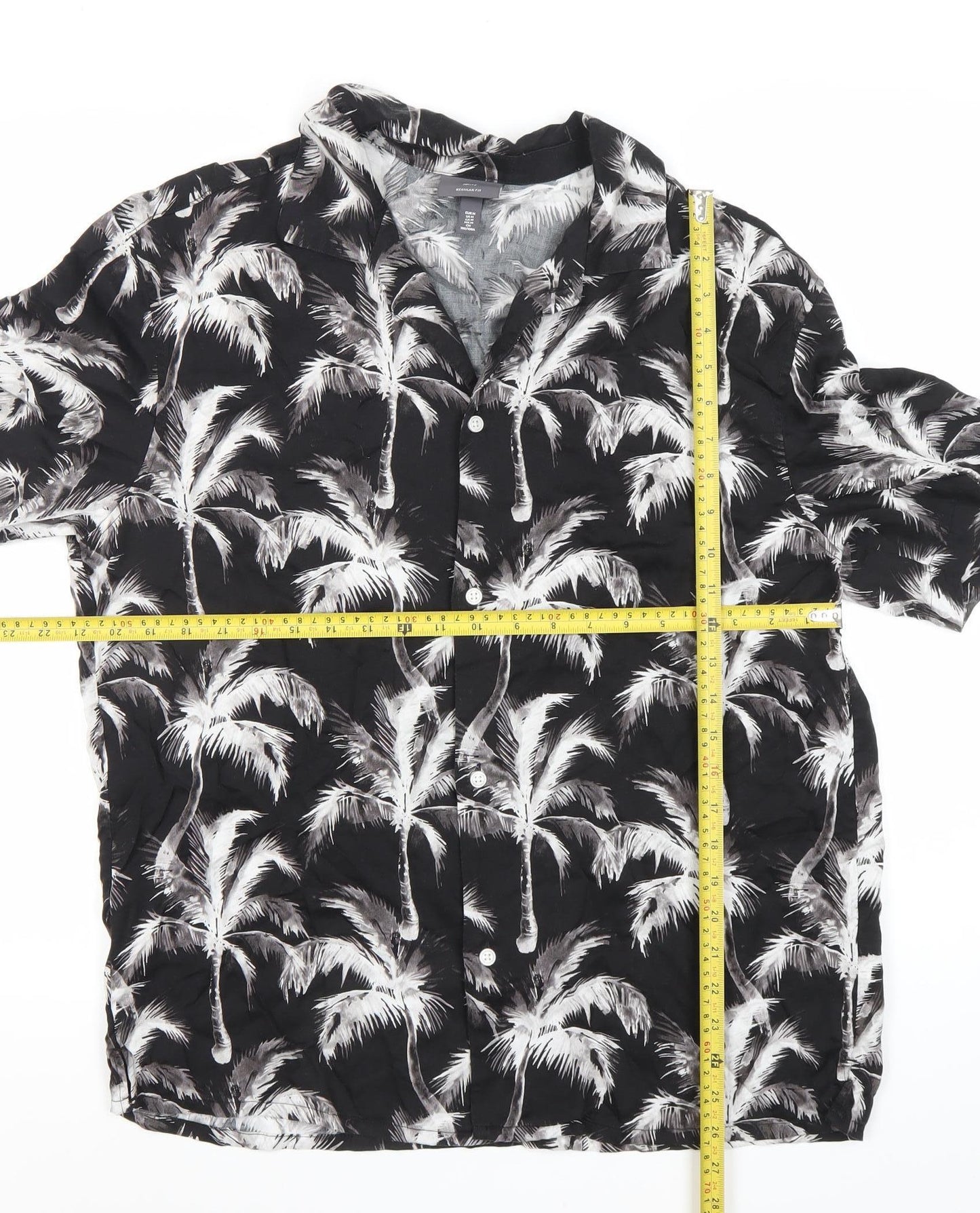 H&M Men’s Black Tropical Palm Print Short Sleeve Button-Up Shirt M