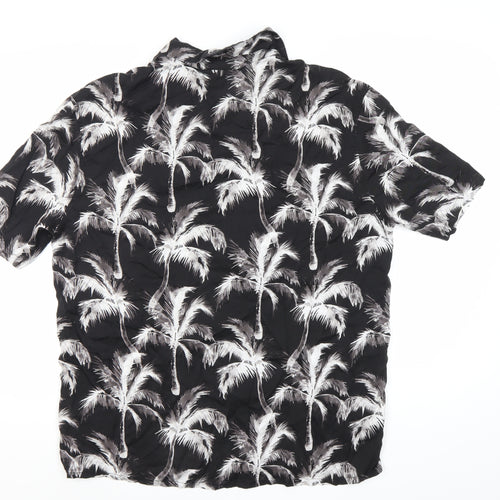 H&M Men’s Black Tropical Palm Print Short Sleeve Button-Up Shirt M
