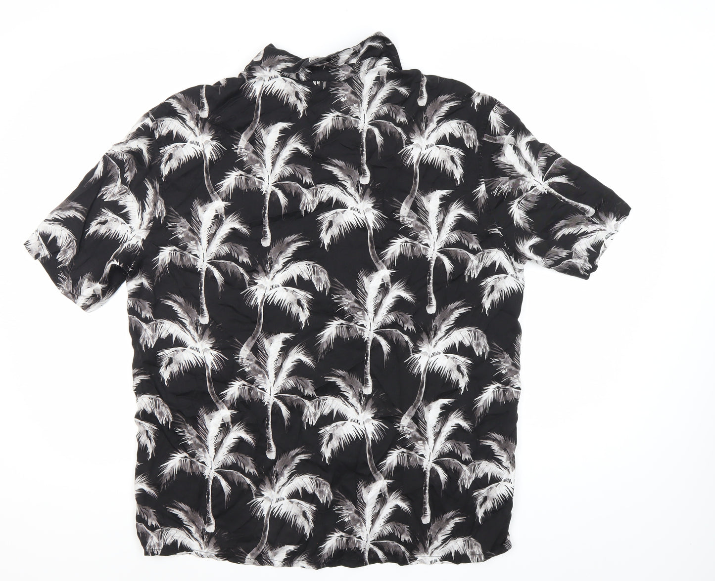 H&M Men’s Black Tropical Palm Print Short Sleeve Button-Up Shirt M