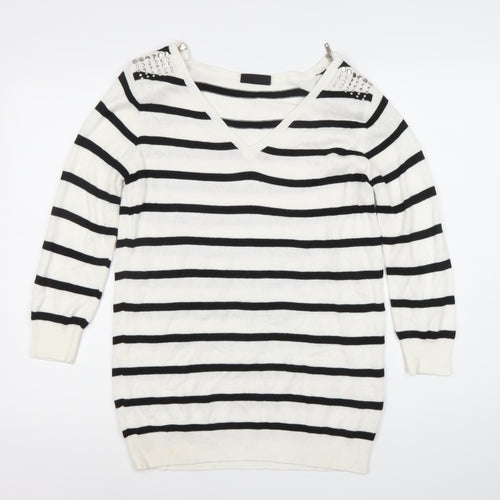 Wallis Women’s White Black Striped V-Neck Jumper S Studded 3/4 Sleeve
