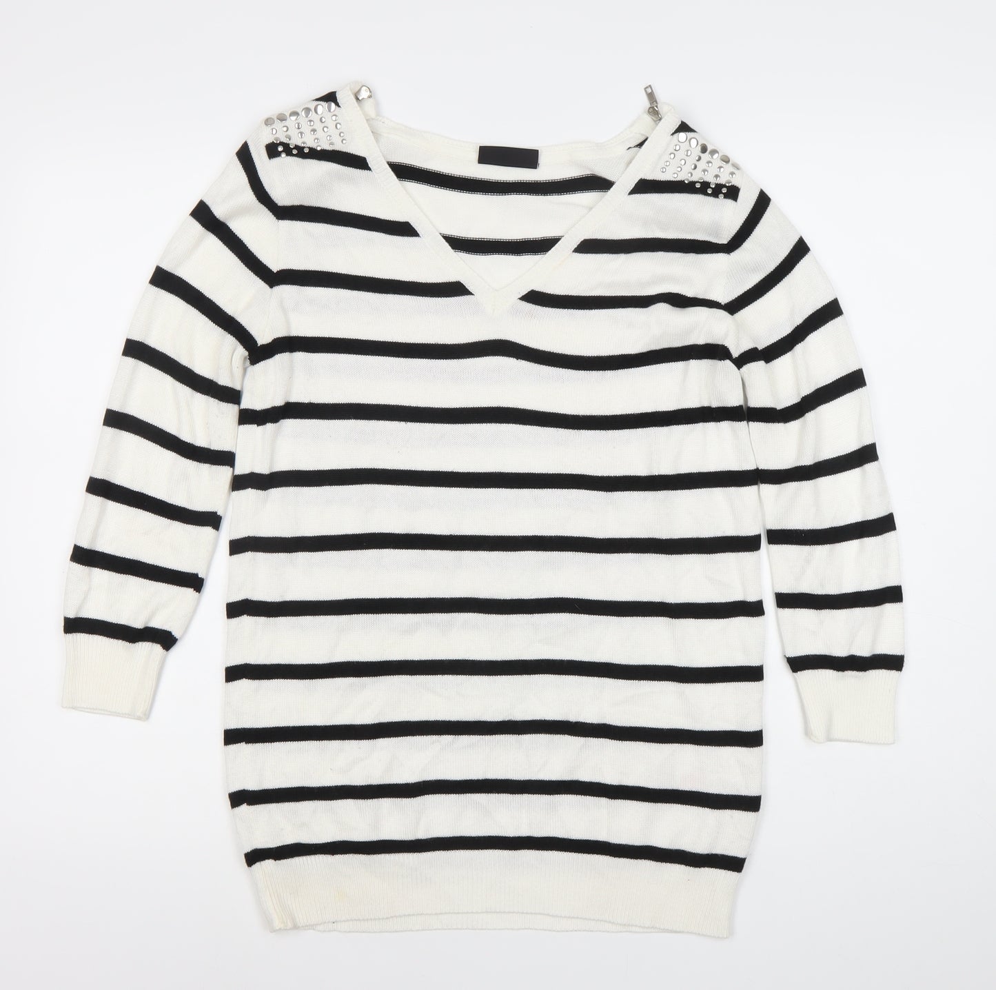 Wallis Women’s White Black Striped V-Neck Jumper S Studded 3/4 Sleeve