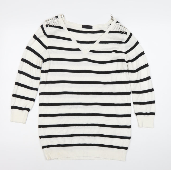 Wallis Women’s White Black Striped V-Neck Jumper S Studded 3/4 Sleeve