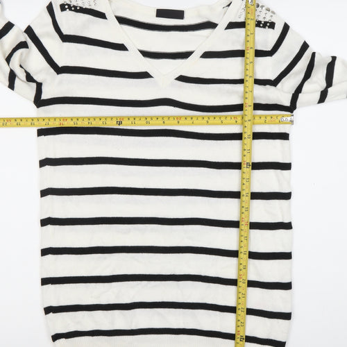 Wallis Women’s White Black Striped V-Neck Jumper S Studded 3/4 Sleeve