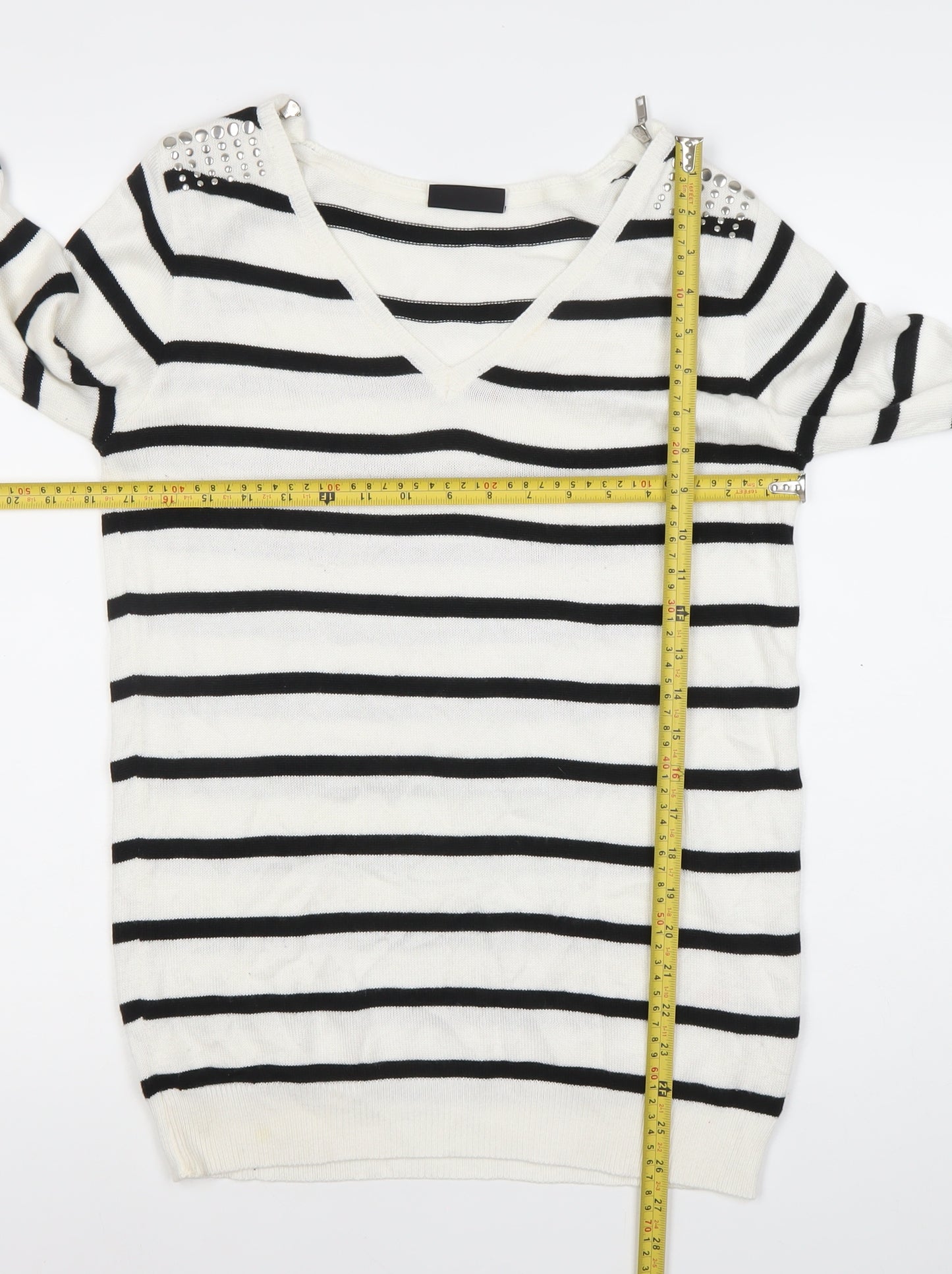 Wallis Women’s White Black Striped V-Neck Jumper S Studded 3/4 Sleeve