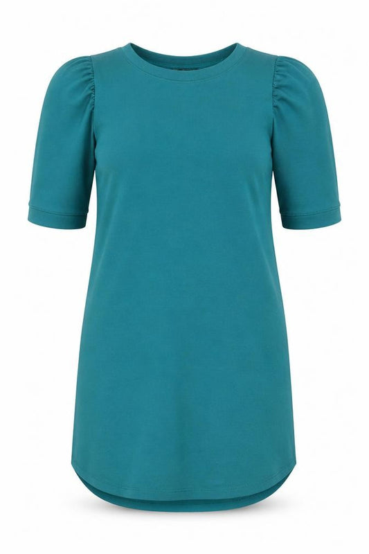 Front view of Zara Women’s Green Puff Sleeve T-Shirt Dress, size UK 8