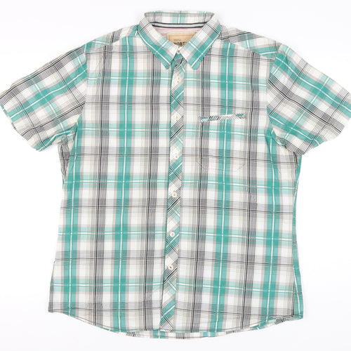 Marks and Spencer Men's Green Plaid Cotton Short Sleeve Button-Up Shirt L 41-43"