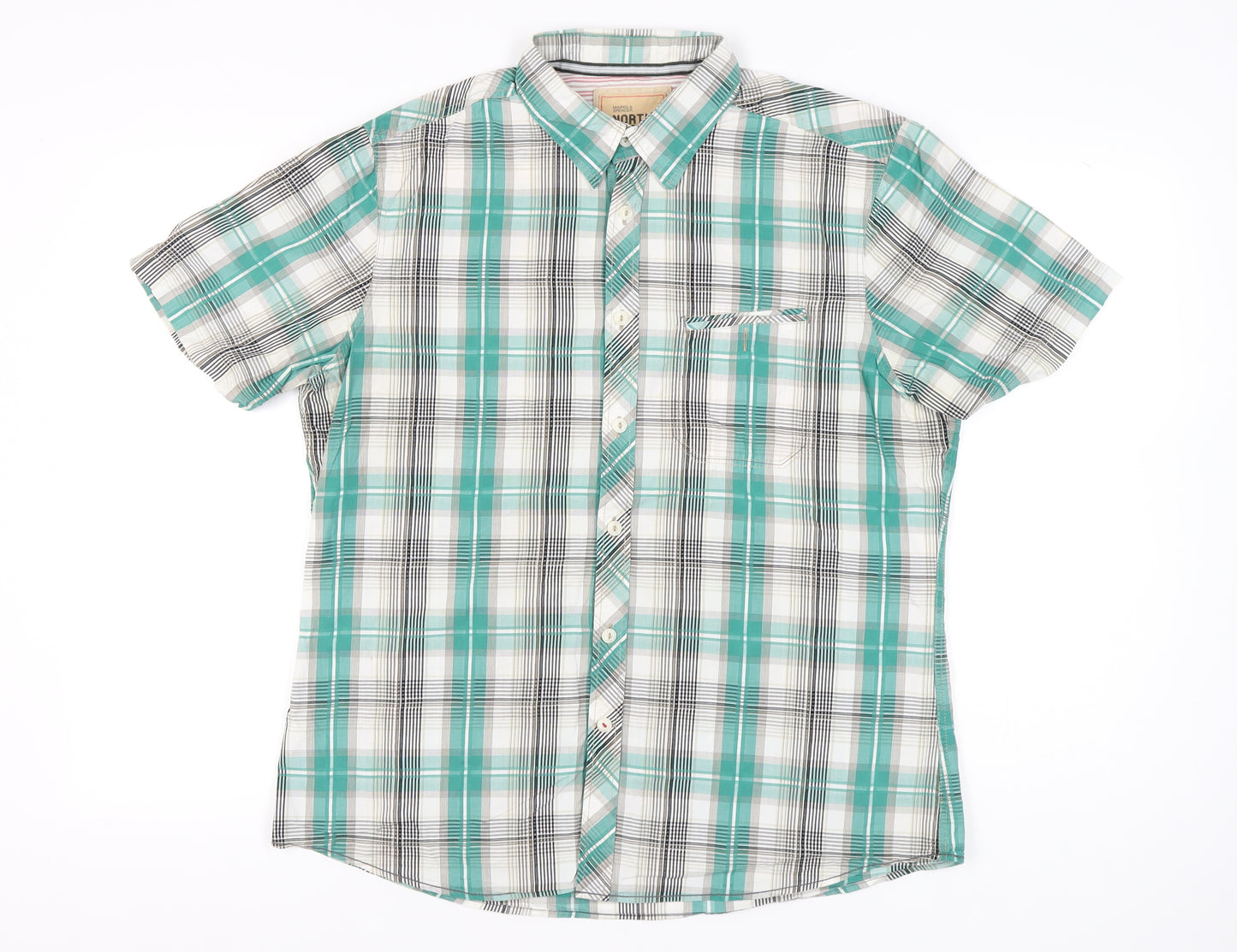 Marks and Spencer Men's Green Plaid Cotton Short Sleeve Button-Up Shirt L 41-43"