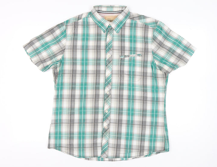 Marks and Spencer Men's Green Plaid Cotton Short Sleeve Button-Up Shirt L 41-43"