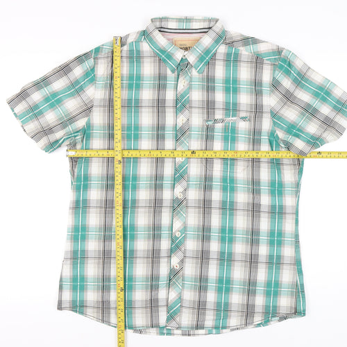 Marks and Spencer Men's Green Plaid Cotton Short Sleeve Button-Up Shirt L 41-43"